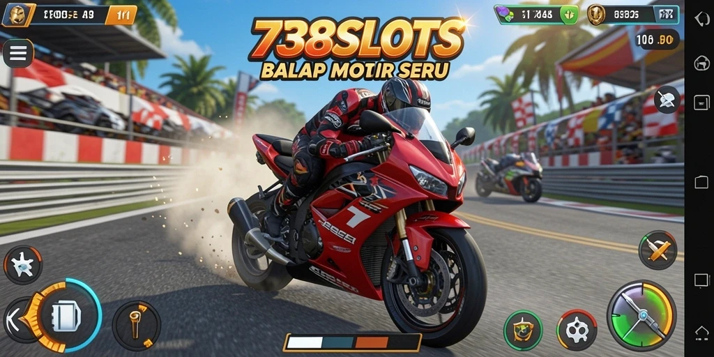 Screenshot gameplay 738SLOTS menampilkan balapan motor yang seru.