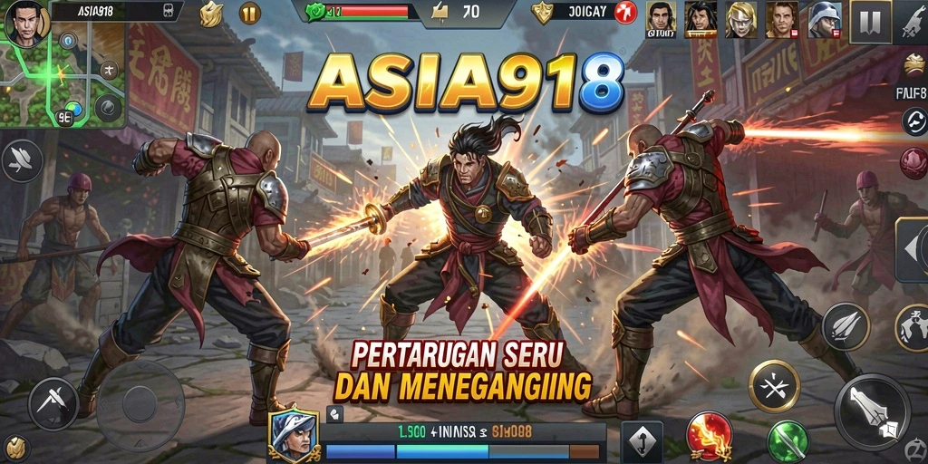 Screenshot utama ASIA918 menampilkan pertarungan seru karakter dalam arena.