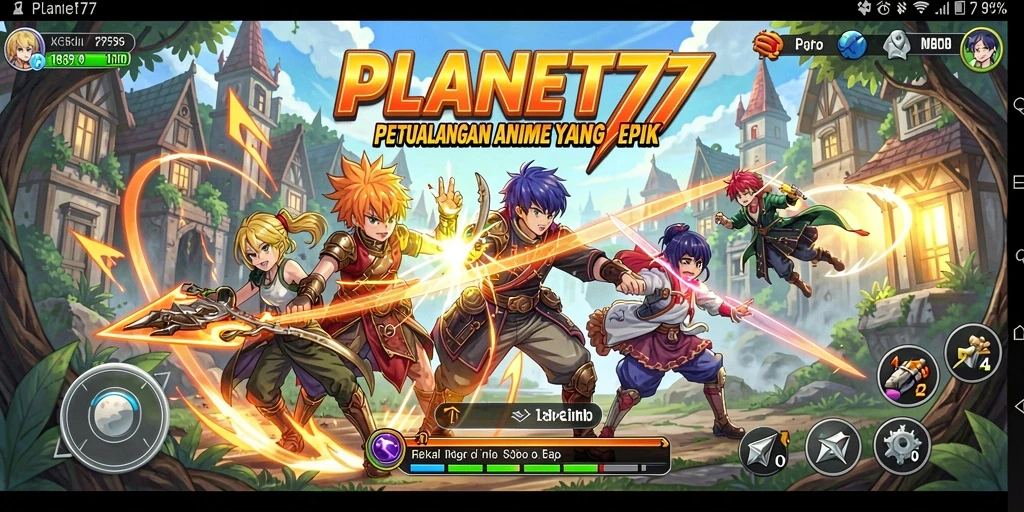 Screenshot utama menampilkan karakter dari PLANET77 dalam aksi bertarung.