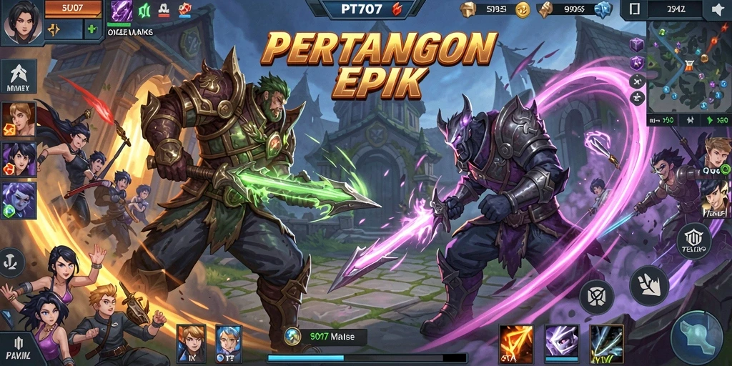 Tangkapan layar utama PT707 menunjukkan aksi seru dalam arena MOBA.