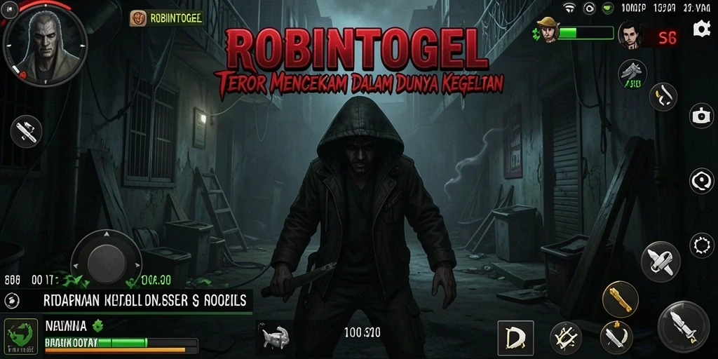 Tangkapan layar gameplay ROBINTOGEL menampilkan suasana horor yang mencekam.
