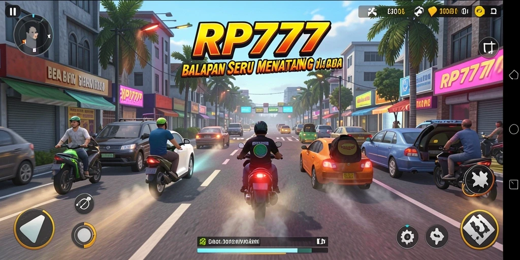 Screenshot menunjukkan aksi balapan seru dengan mobil yang berkecepatan tinggi.