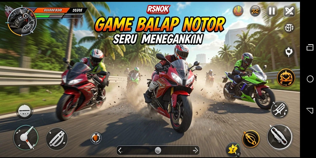 Screenshot gameplay RSNOK menampilkan balapan motor yang mendebarkan.