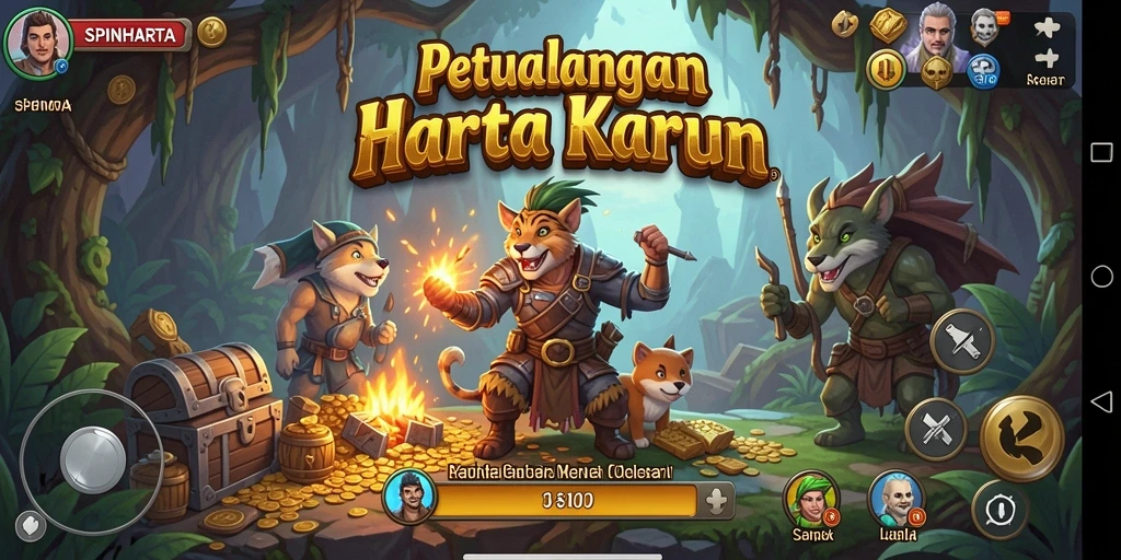 Screenshot gameplay SPINHARTA menampilkan petualangan seru mencari harta karun.