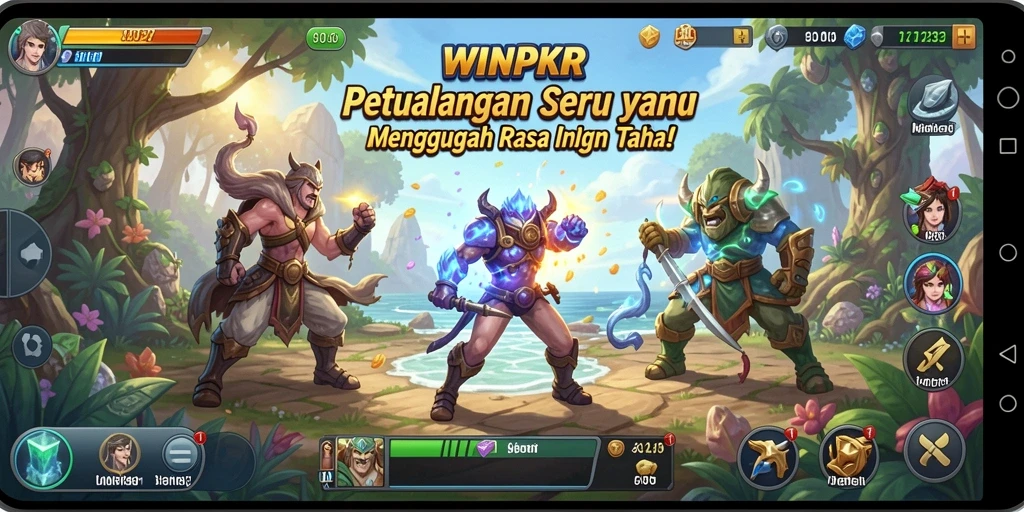 Tampilan gameplay <strong>WINPKR</strong> dengan pemandangan alam yang indah dan karakter yang berani menjelajah.